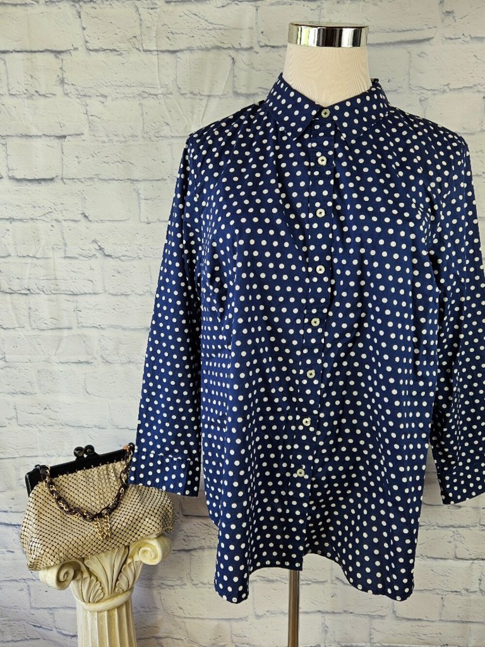 NWT Talbots Plus Size 3X Navy Blue Polka Dot Button Up Blouse Shirt Long Sleeve